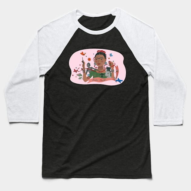 Frida Kahlo & Pets 4 Baseball T-Shirt by John Parra Art